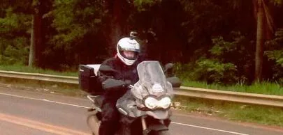 Motociclista com capacete branco em estrada arborizada.