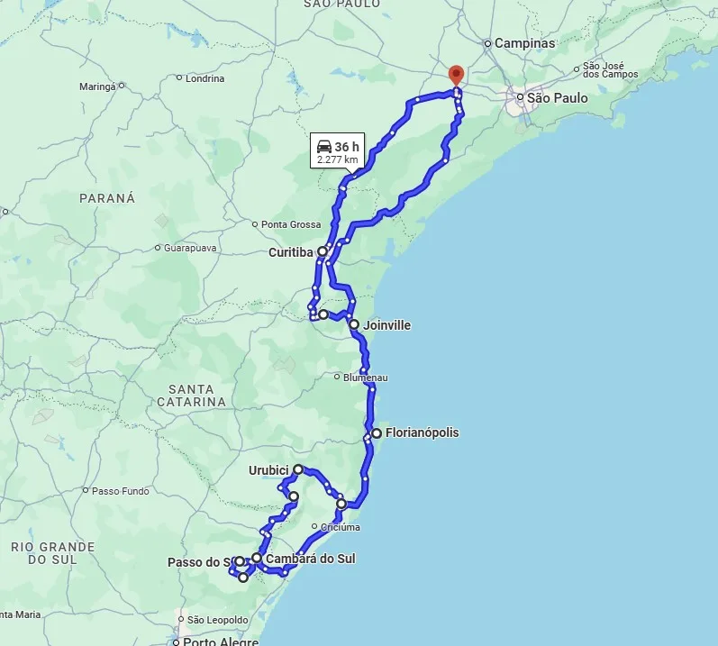 Mapa de rota rodoviária entre São Paulo e Cambará do Sul.