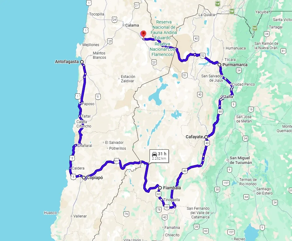 Mapa de rota entre Antofagasta e Salta destacando cidades principais.